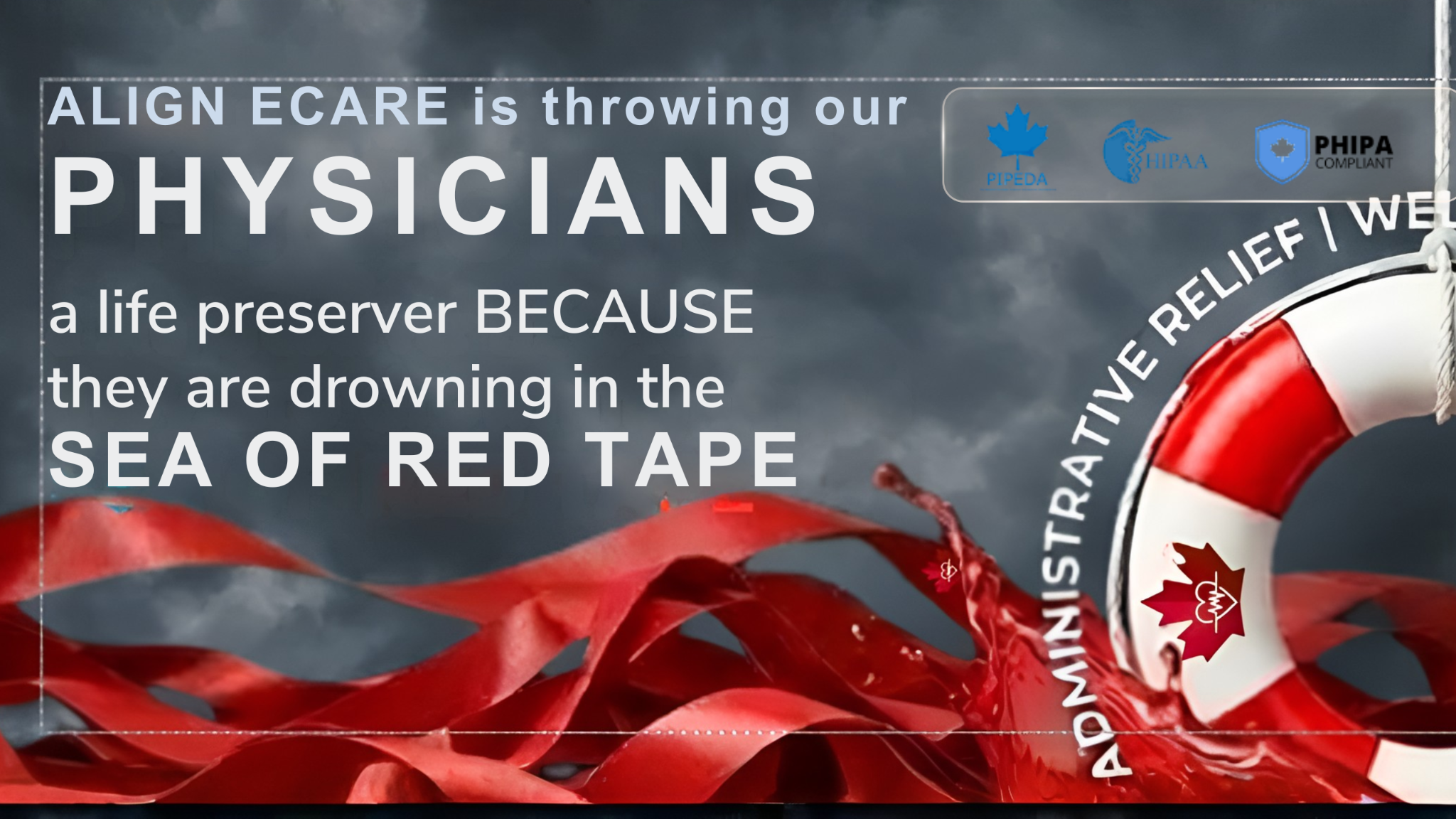 Align eCare custom hero image showing physicians drowning in a sea of red tape and administrative relief as a life preserver